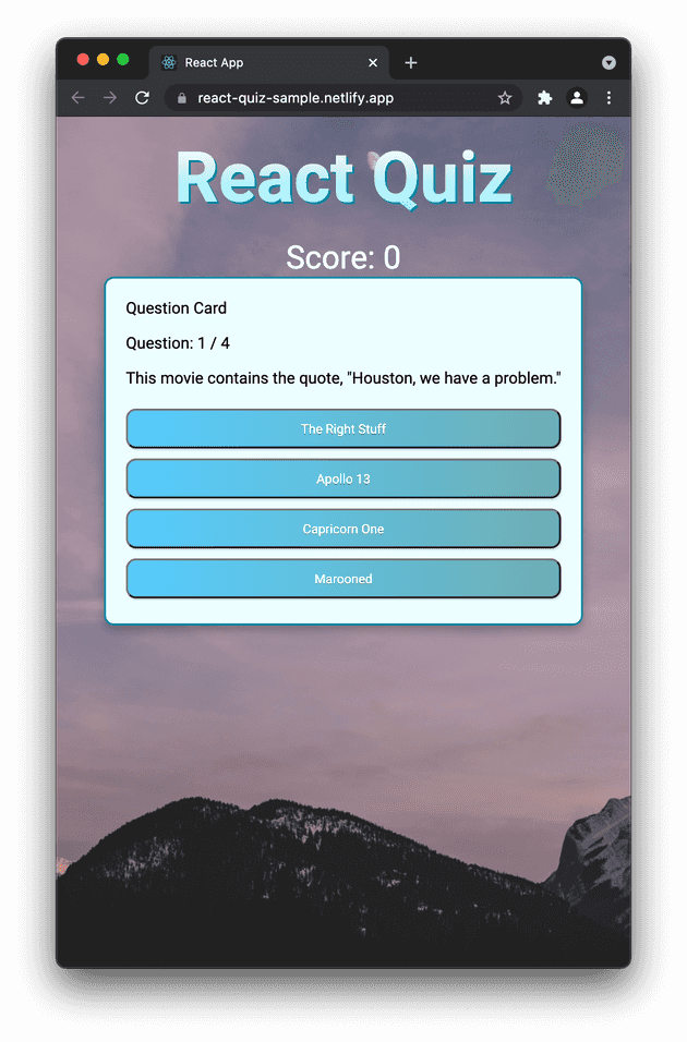 Preview of the Quiz, webpage is open to the quiz site whth a question in bold font at the top and four answer button options in a list below